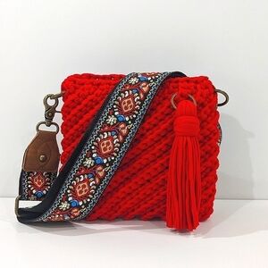 Handmade red T-shirt yarn crochet adjustable shoulder crossbody bag purse boho